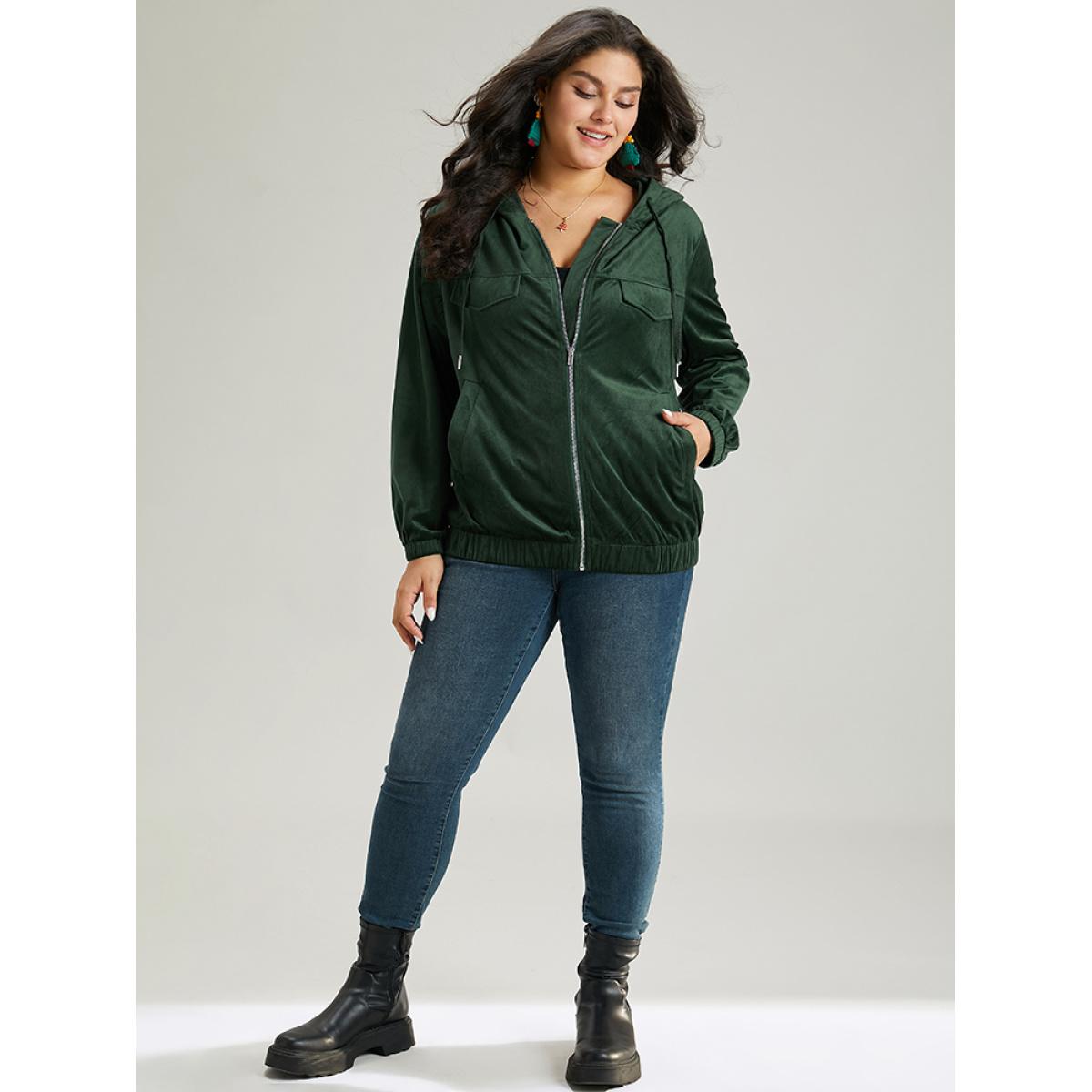 Plus Size Velvet Zipper Pocket Drawstring Hooded Jacket Women Emerald Elastic cuffs Pocket Dailywear Jackets BloomChic 14-16/1X Product Image
