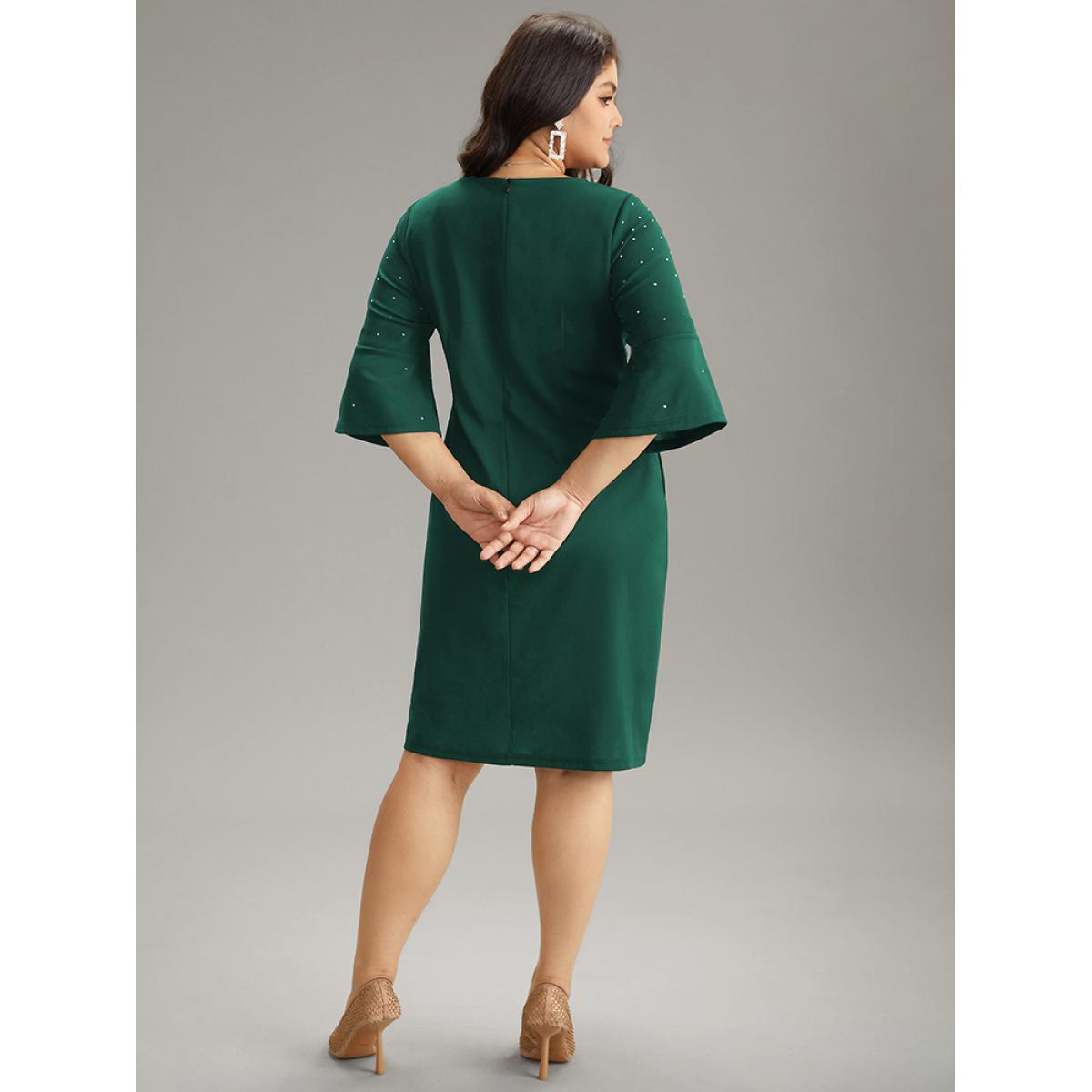 Plus Size Rhinestone Curved Hem Bell Sleeve Dress Green Women Cocktail Rhinestone detailing Round Neck Elbow-length sleeve Curvy Knee Dress BloomChic 18-20/2X Product Image