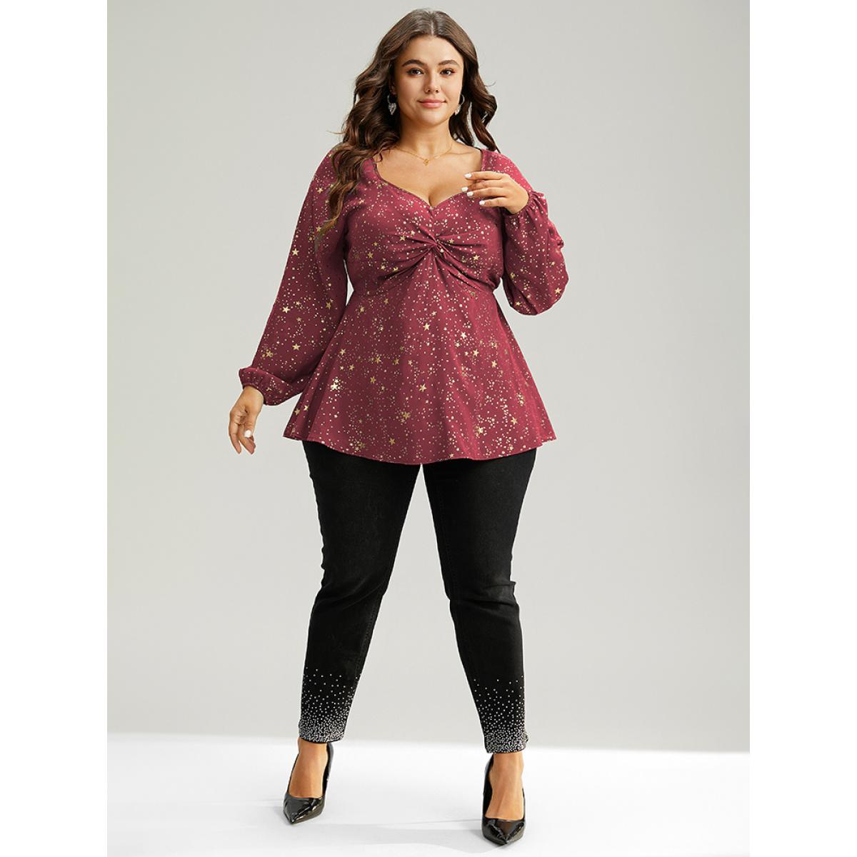 Plus Size Scarlet Star Glitter Square Neck Twist Front Blouse Women Glamour Long Sleeve Square Neck Festival-Christmas Blouses BloomChic 10/M Product Image