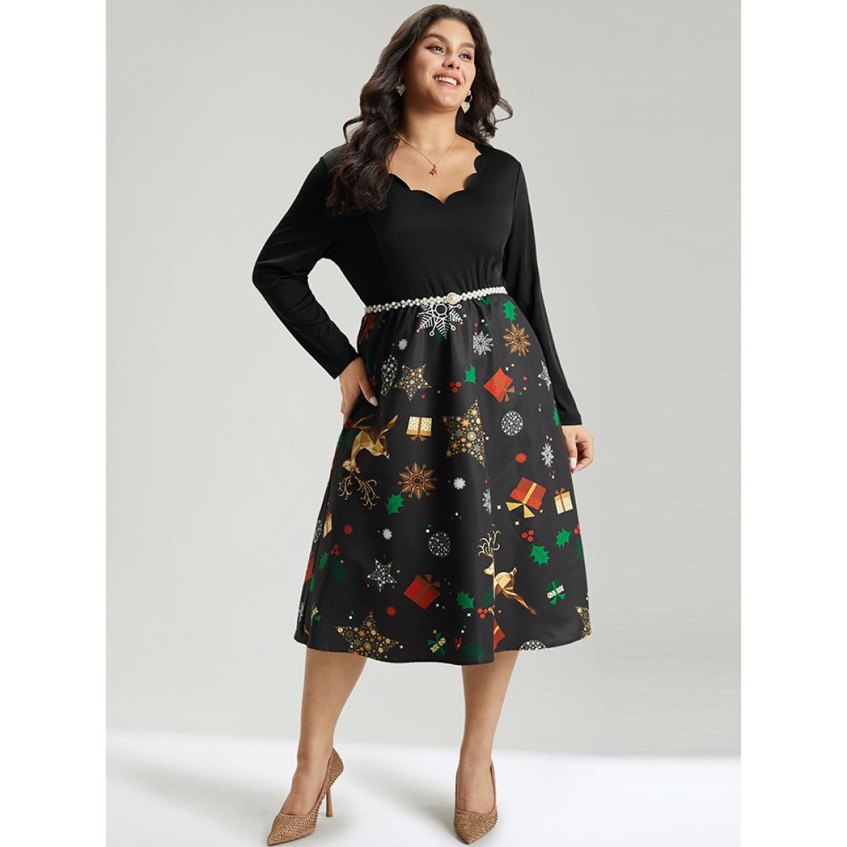 Plus Size Christmas Print Patchwork Scalloped Trim Elastic Waist Dress Black Women Glamour Printed Asymmetrical Neck Long Sleeve Curvy Midi Dress BloomChic 26/4X Product Image