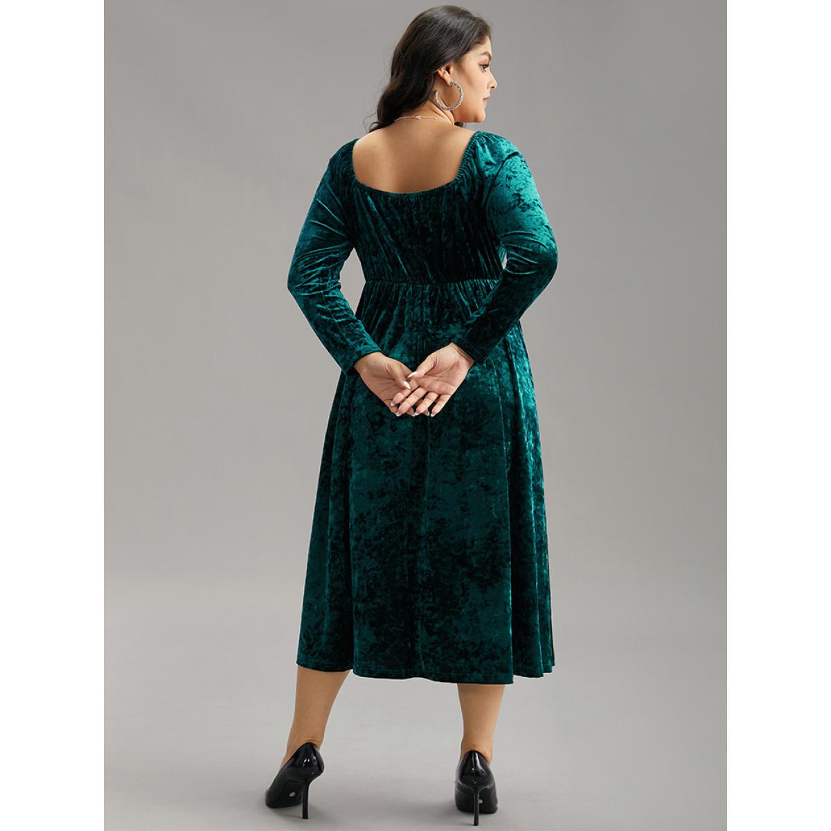Plus Size Velvet Ruched Ties Pocket Square Neck Dress Teal Women Glamour Elastic cuffs Square Neck Long Sleeve Curvy Midi Dress BloomChic 18-20/2X Product Image