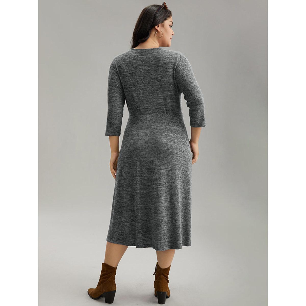 Plus Size Solid Heather Button Detail Pocket Gathered Dress Black Women Work From Home Plain Round Neck Elbow-length sleeve Curvy Midi Dress BloomChic 12/L Product Image