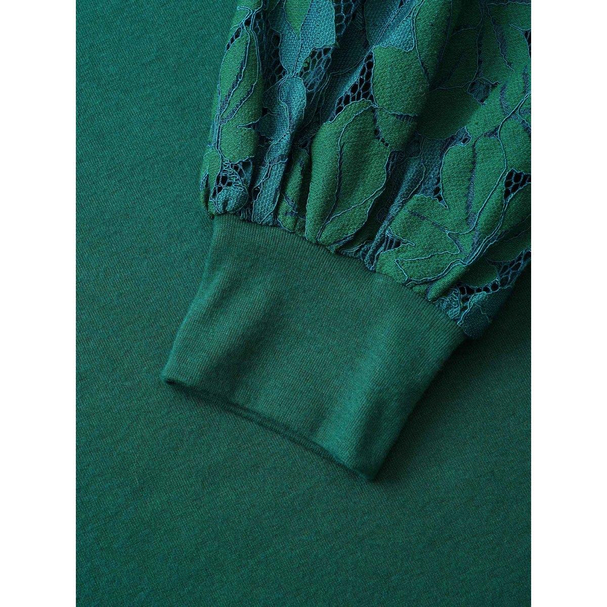 Plus Size Solid Plants Guipure Lace Gathered T-shirt DarkGreen Women Elegant Plain Plain Round Neck Dailywear T-shirts BloomChic 18-20/2X Product Image