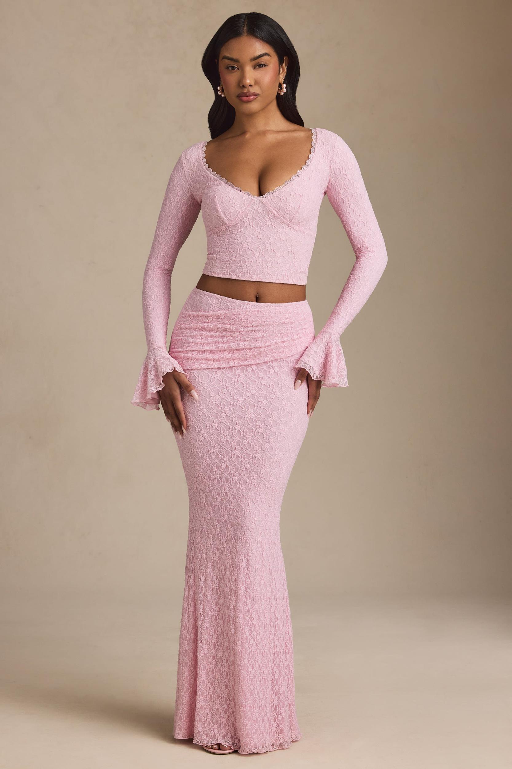 Draped Low-Rise Lace Maxi Skirt in Soft Pink Product Image