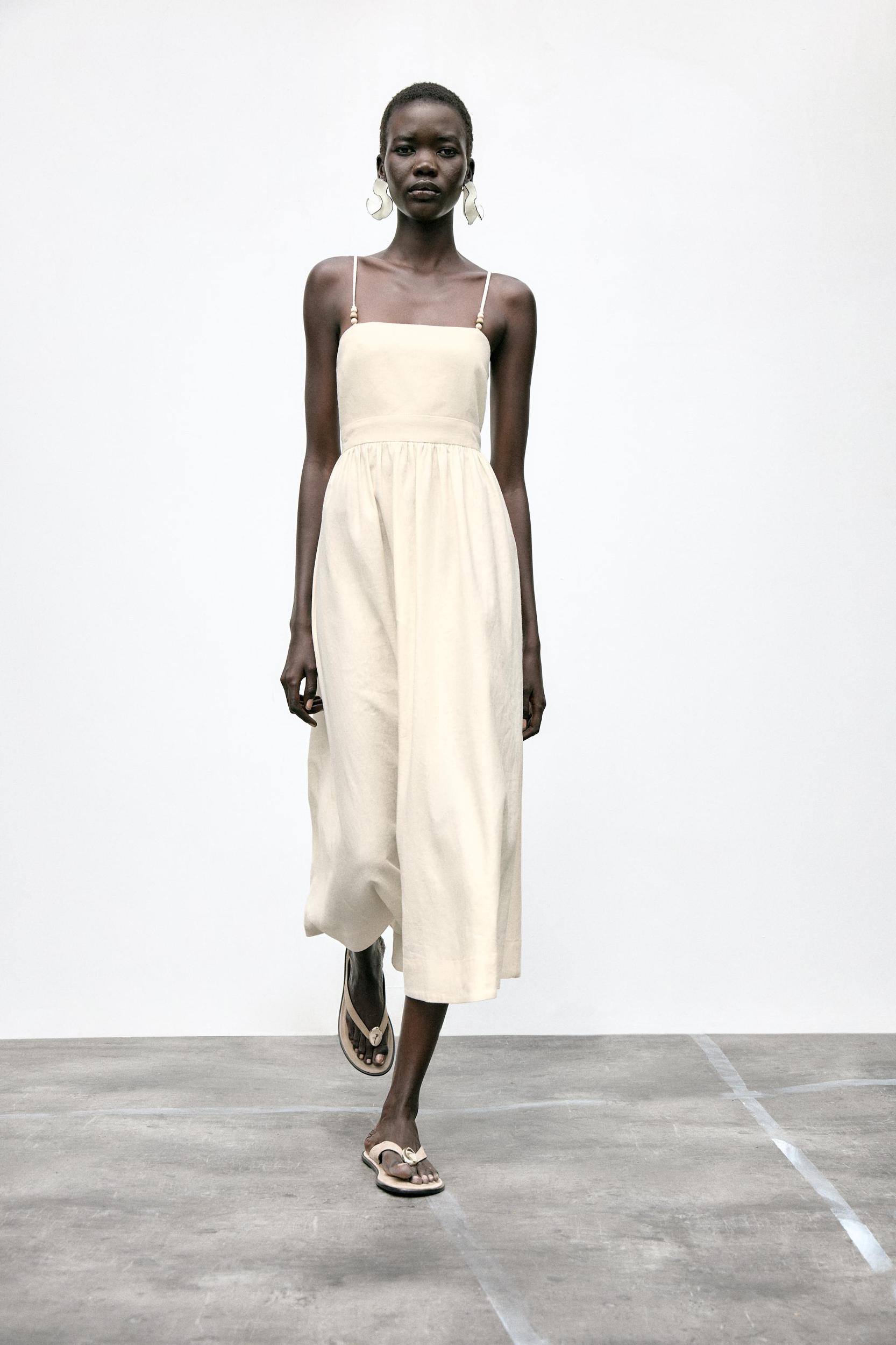 LINEN BEADED STRAP MIDI DRESS Product Image