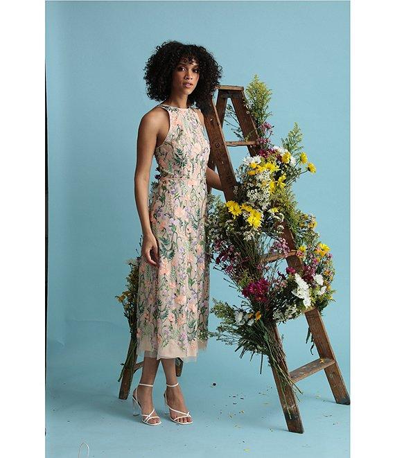 Maggy London Floral Embroidery Halter Neck Sleeveless Plunge Back Detail Midi Dress Product Image