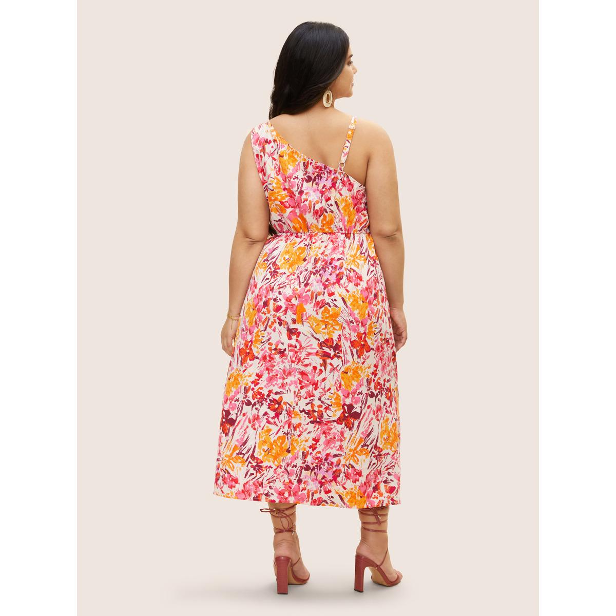 Plus Size Asymmetrical Neck Watercolor Floral Pleated Dress Blush Women Elegant Pleated Asymmetrical Neck Sleeveless Curvy BloomChic 12/L Product Image