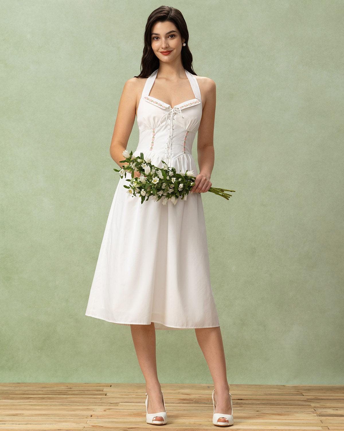 White Embroidery A-Line Halter Midi Dress Product Image