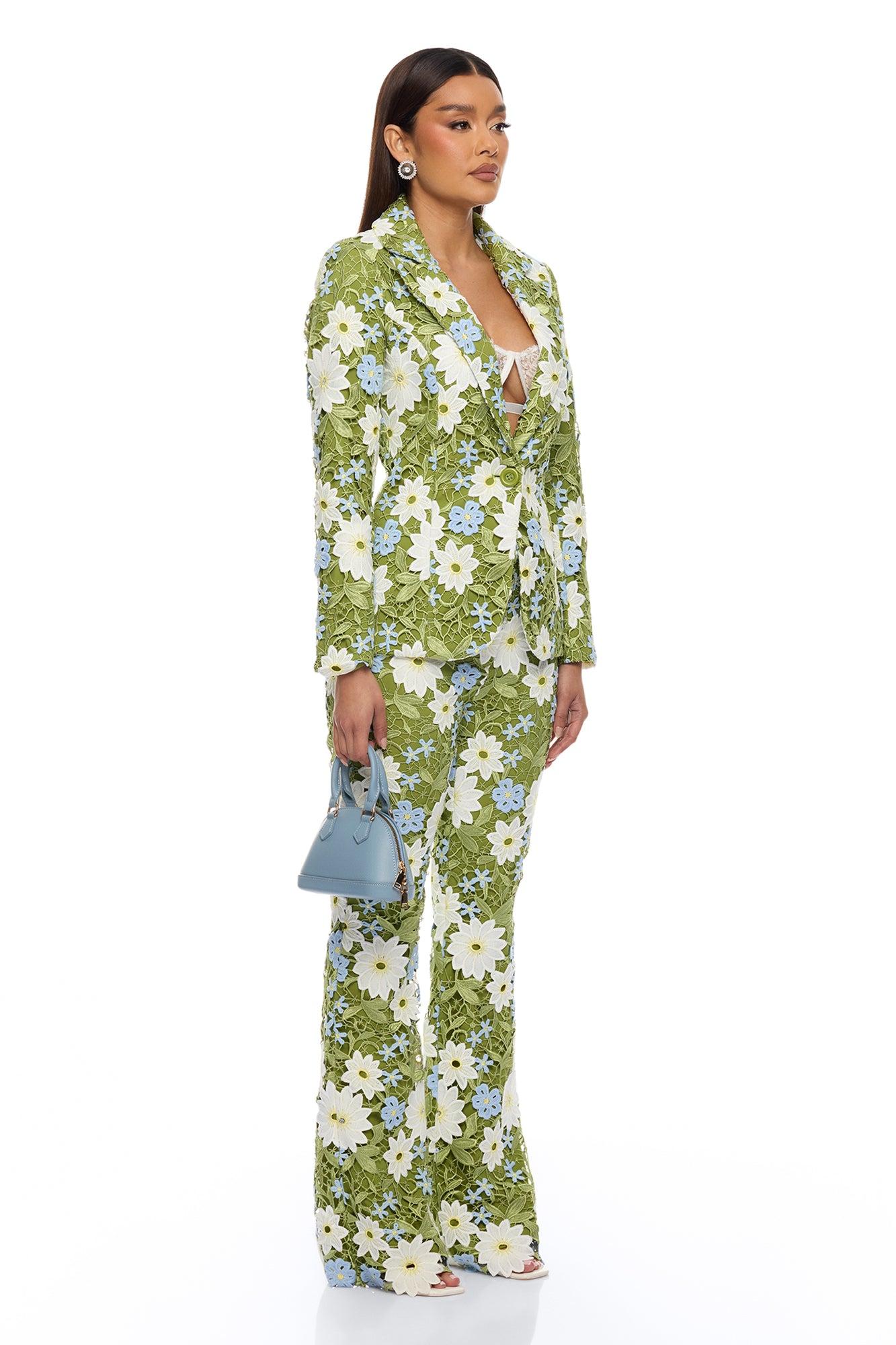 Dani Floral Embroidered Blazer - Chartreuse Female Product Image