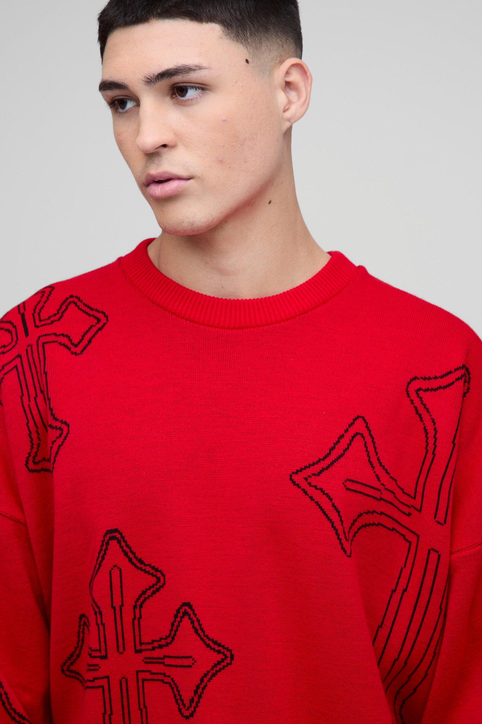 Oversized Boxy Cross Crew Neck Knitted Sweater | boohooMAN USA Product Image