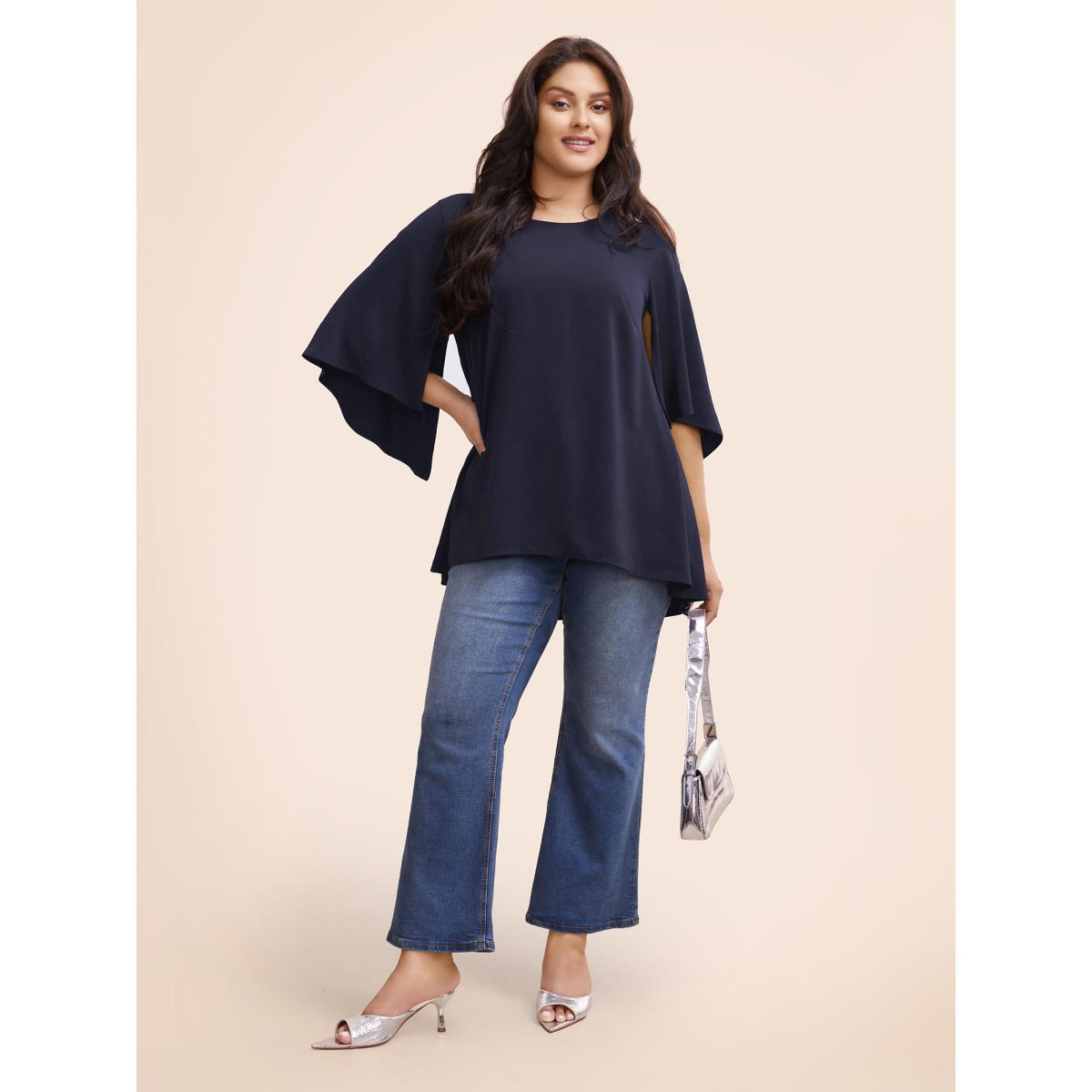 Plus Size Indigo Plain Mesh Flutter Sleeve Hanky Hem Blouse Women Office Elbow-length sleeve Round Neck Dailywear Blouses BloomChic 30/6X Product Image