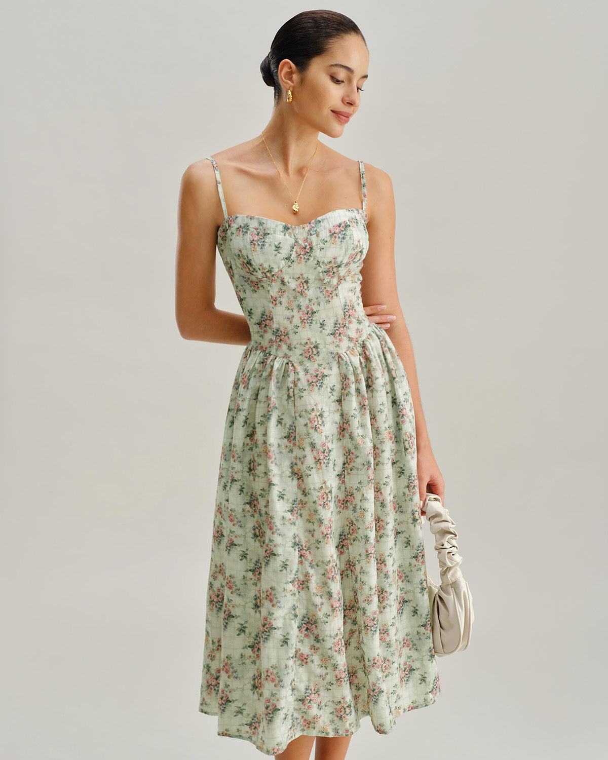 Green Floral Sweetheart Neck Pleated Slip Midi Dress Product Image