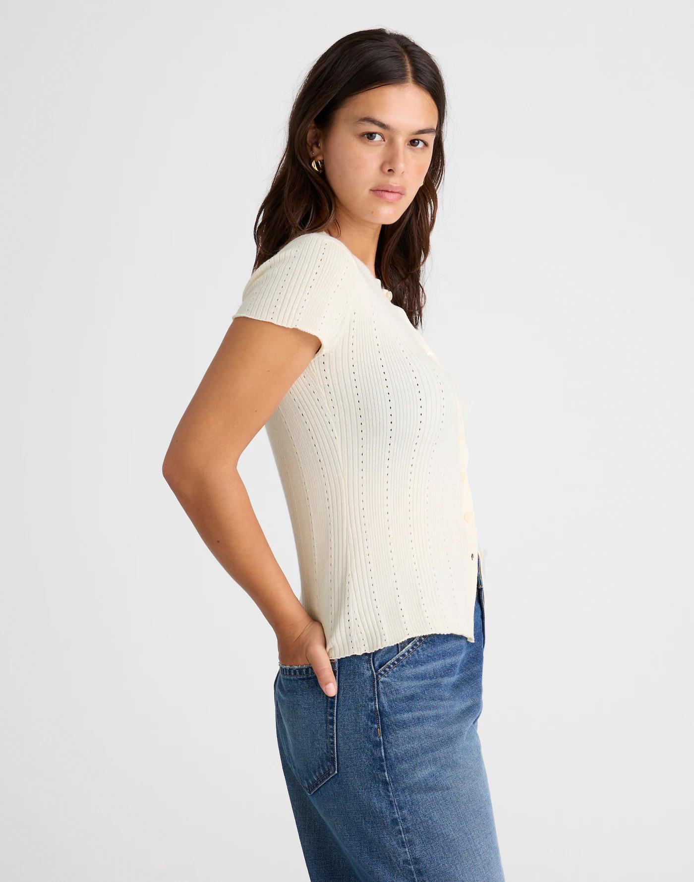 Cotton-Blend Pointelle Short-Sleeve Cardigan Product Image