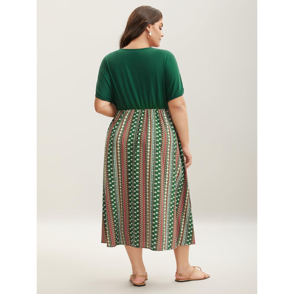 Plus Size Boho Stripes Spliced Ruched Sleeve Midi Dress Truegreen Women Gathered Overlap Collar Short sleeve Curvy BloomChic 18-20/2X Product Image
