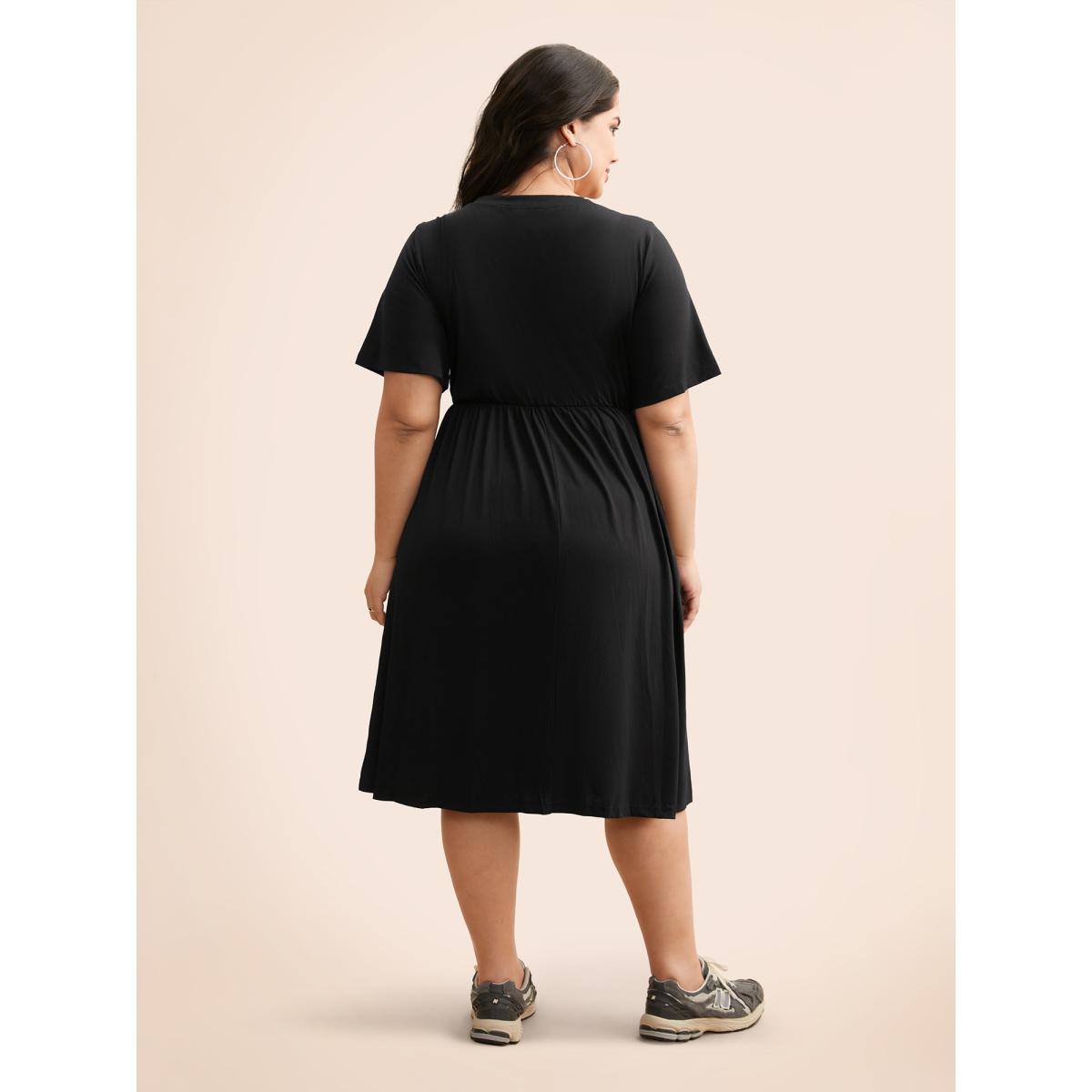 Plus Size Supersoft Essentials Solid Pleated Round Neck Midi Dress Black Women Casual Plain Round Neck Short sleeve Curvy Midi Dress BloomChic 18-20/2X Product Image