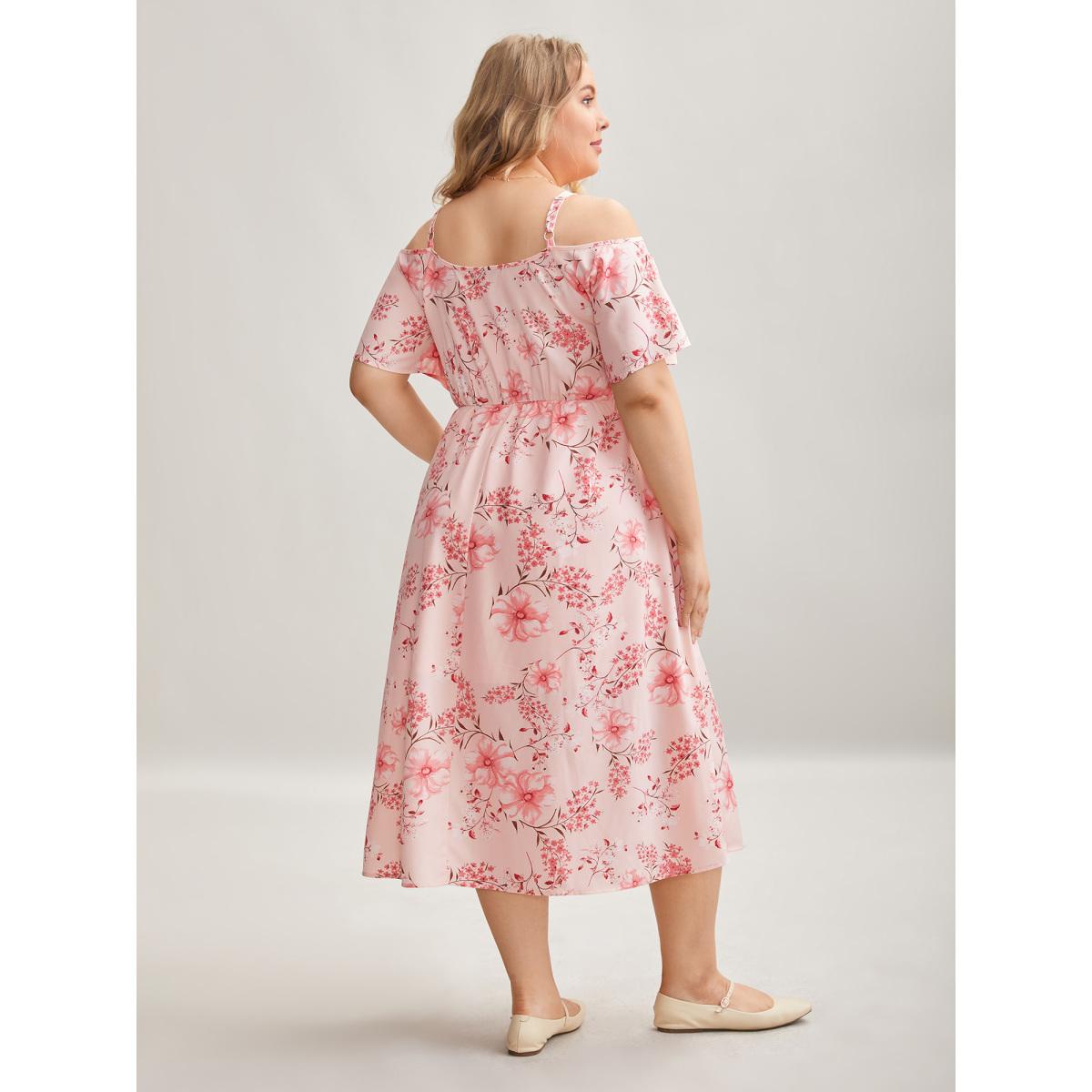 Plus Size Floral Print Cold-Shoulder Pockets Midi Dress Lightpink Women Elegant Non Heart neckline Short sleeve Curvy BloomChic 14-16/1X Product Image