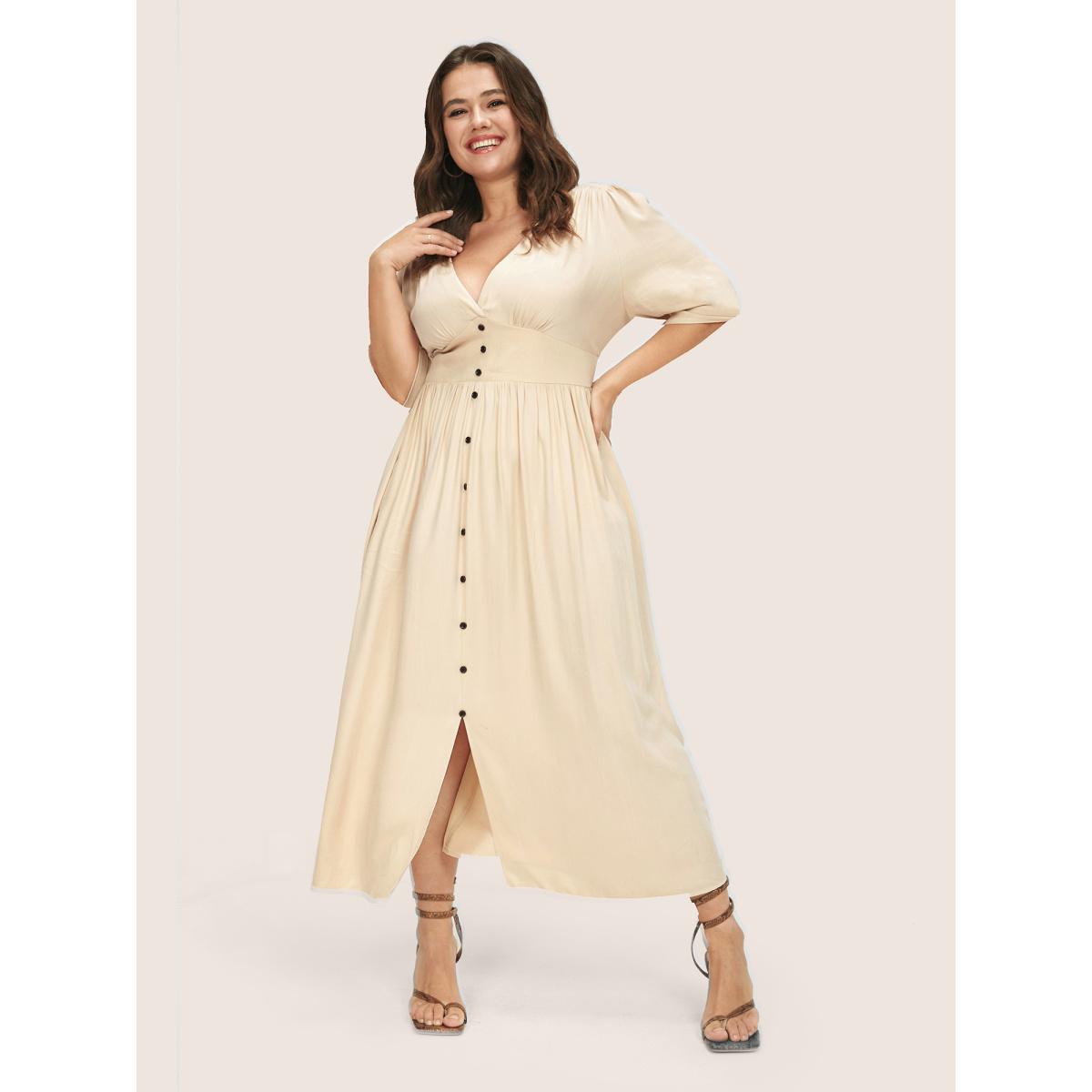 Plus Size Plunging Neck Button Detail Pocket Maxi Dress Beige Women Resort Gathered V-neck Short sleeve Curvy Long Dress BloomChic 10/M Product Image