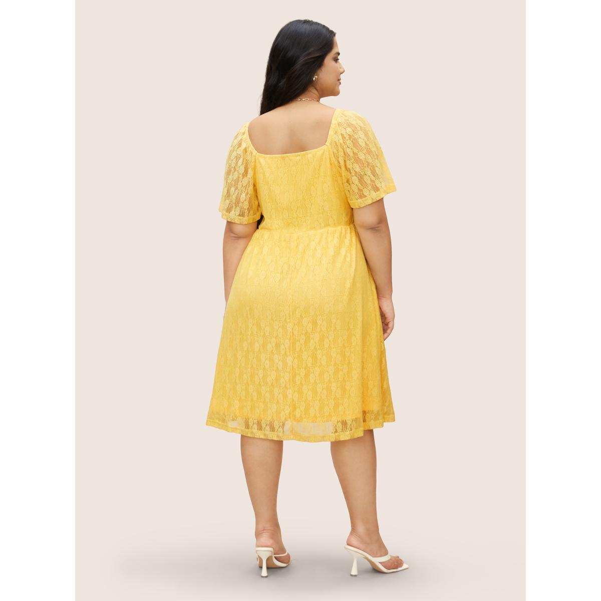 Plus Size Crochet Lace Mesh Ruffle Sleeve Dress Yellow Women Elegant Woven ribbon&lace trim Square Neck Short sleeve Curvy BloomChic 26/4X Product Image