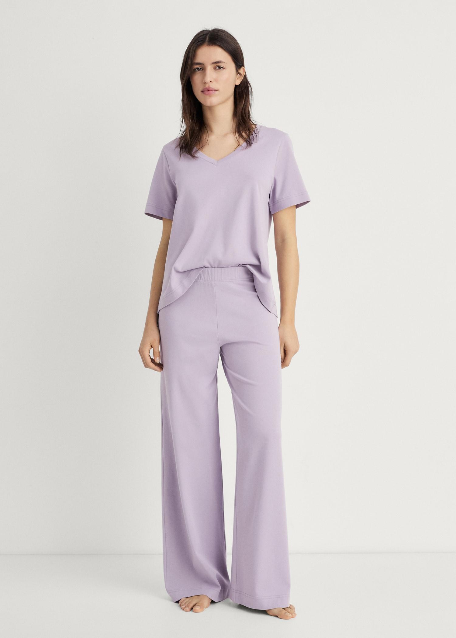 Plain V-neck cotton pajama t-shirt - Women | MANGO USA Product Image
