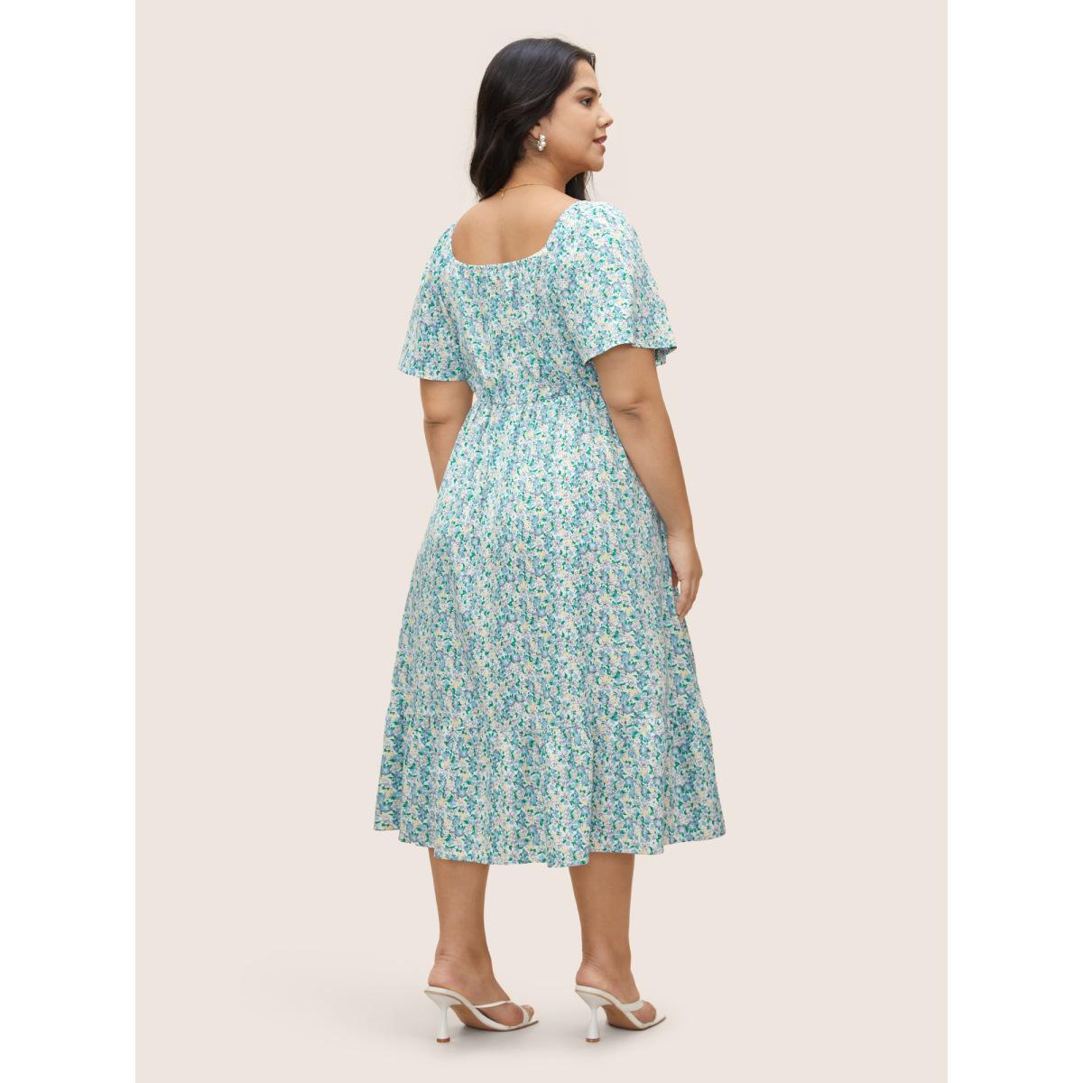 Plus Size Square Neck Ditsy Floral Shirred Ruffle Sleeve Dress White Women Elegant Shirred Square Neck Short sleeve Curvy BloomChic 22-24/3X Product Image