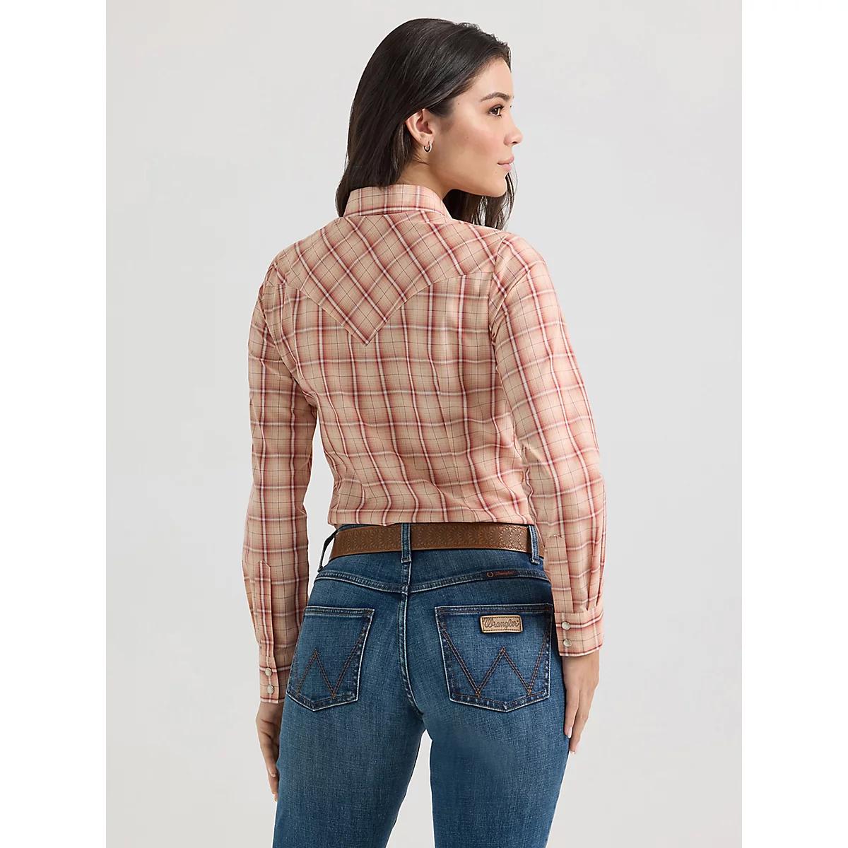 Women's Essential Long Sleeve Plaid Western Snap Top in Peachy Product Image