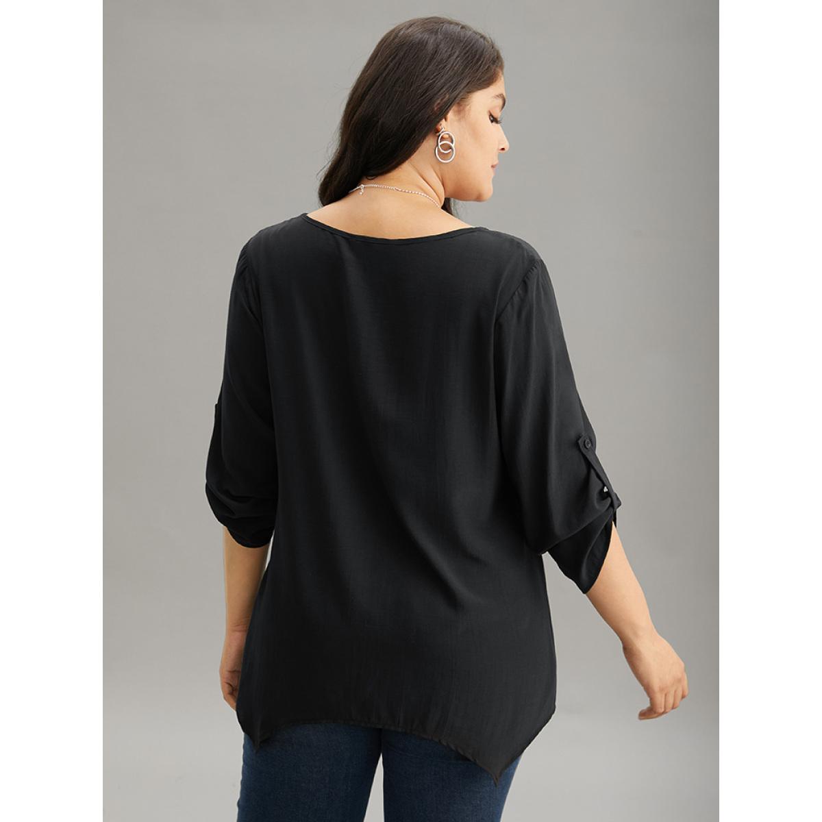 Plus Size Black Solid Button Detail Pleated Hanky Hem Blouse Women Office Elbow-length sleeve V-neck Work Blouses BloomChic 22-24/3X Product Image