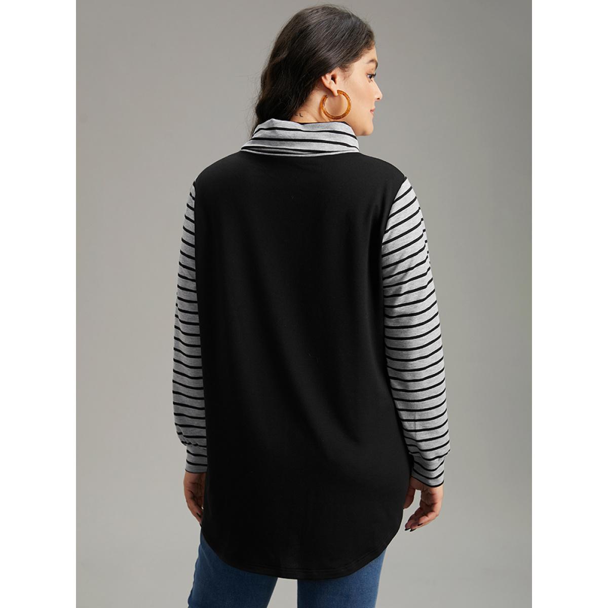Plus Size Mock Neck Striped Patchwork Drawstring Sweatshirt Women Black Casual Contrast Mock Neck Everyday Sweatshirts BloomChic 18-20/2X Product Image