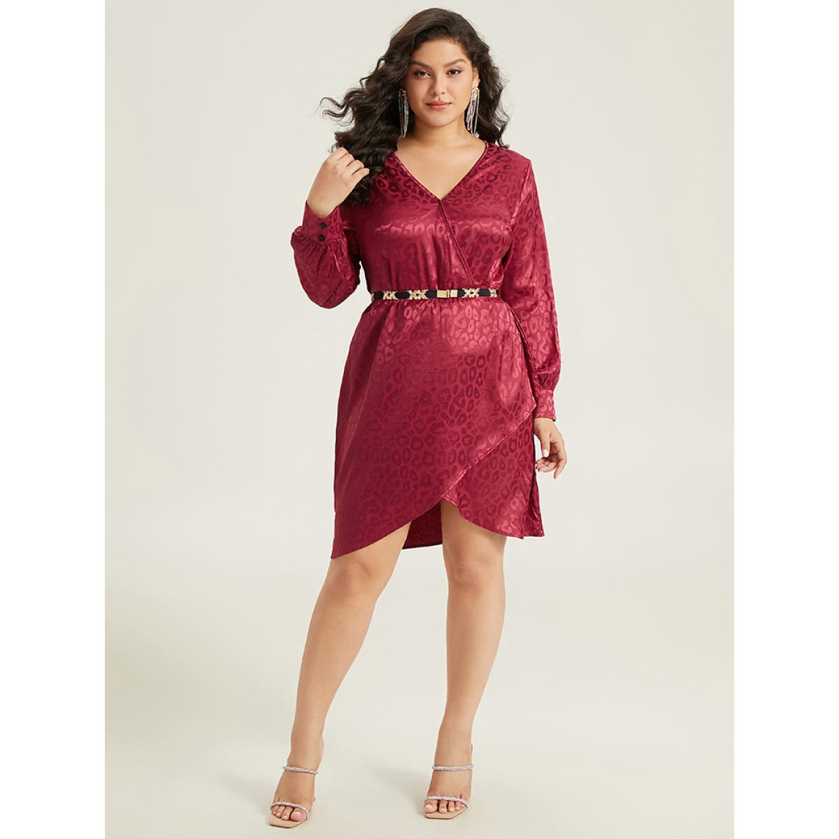 Plus Size Solid V Neck Gathered Wrap Hem Dress Scarlet Women Party Plain V-neck Long Sleeve Curvy Knee Dress BloomChic 18-20/2X Product Image
