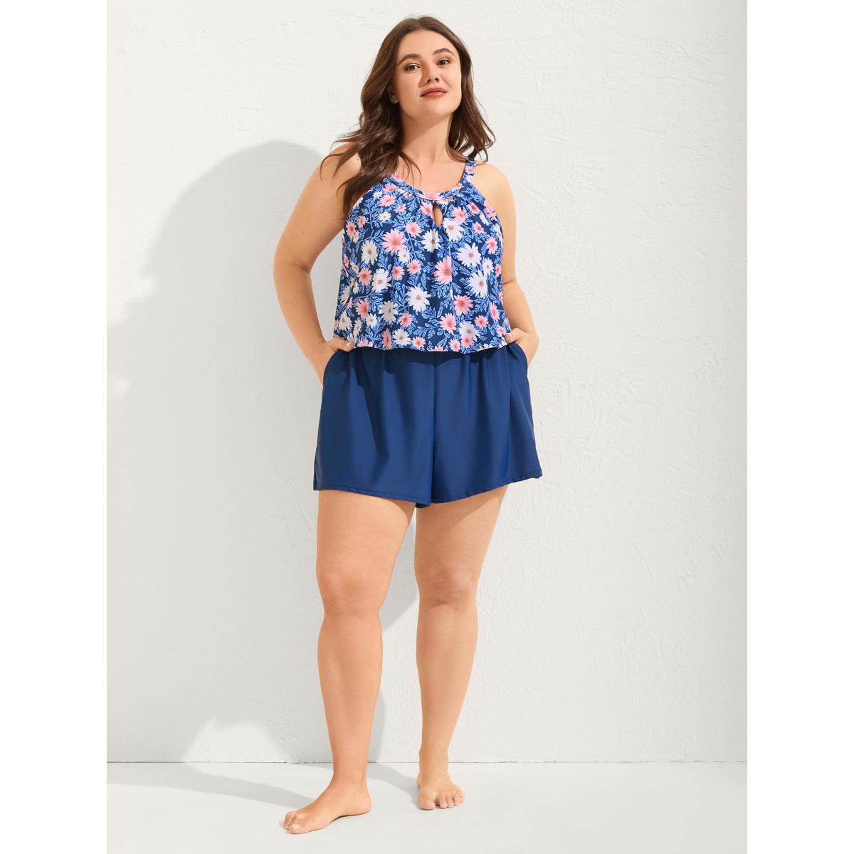 Plus Size Floral Print Keyhole Pockets Swim Romper Women's Swimwear Cerulean Resort Curve Bathing Suits High stretch One Pieces BloomChic 28/5X Product Image
