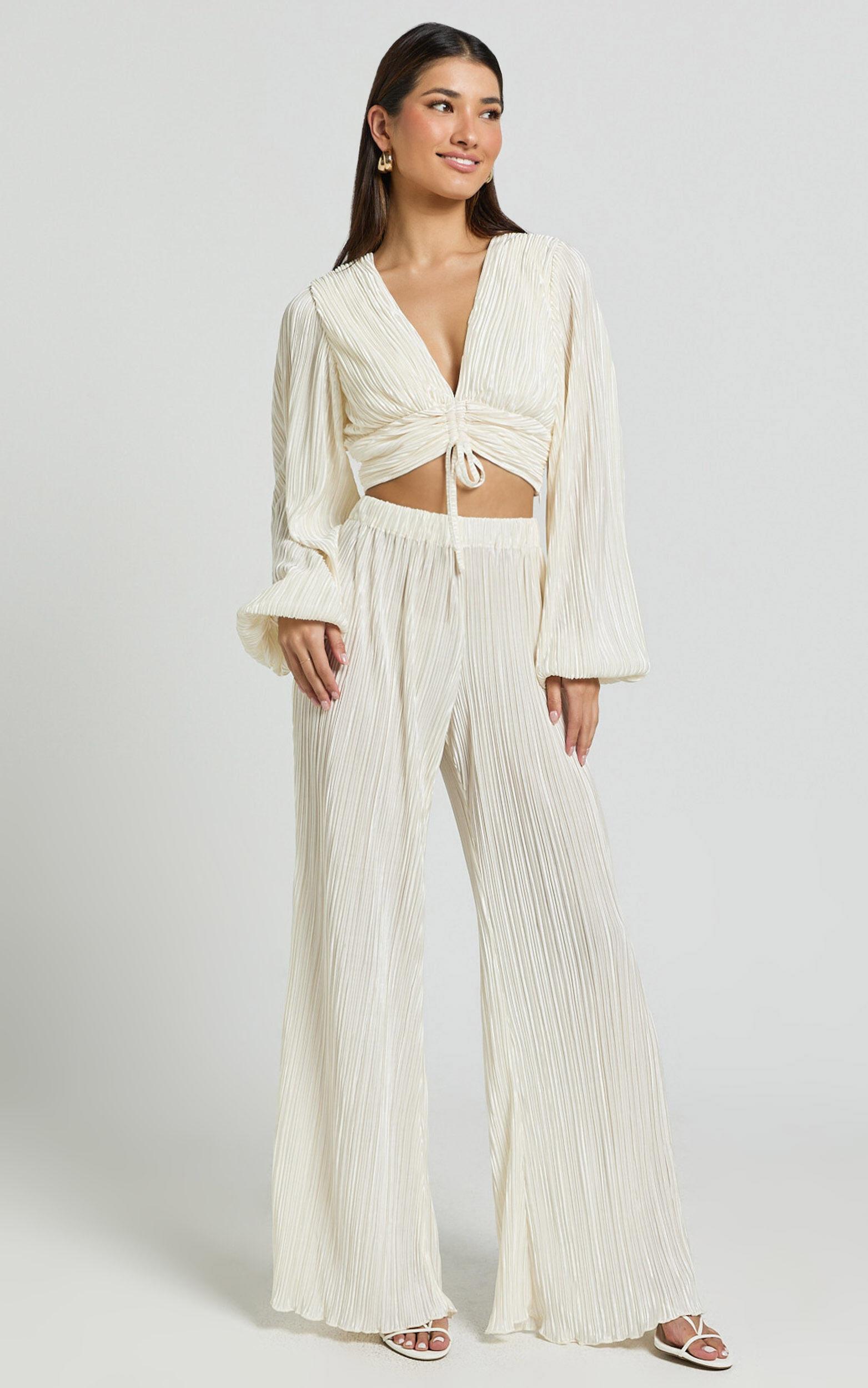 Jondra Blouse - Ruched Front Long Sleeve Plisse Blouse in Cream Product Image