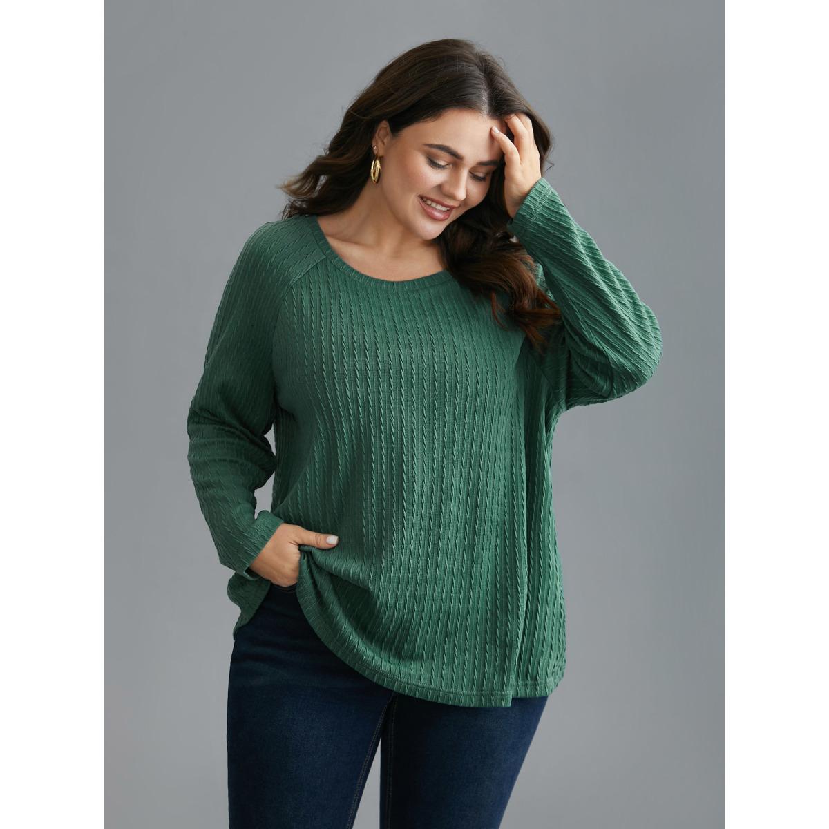Plus Size Textured Elastic Raglan Sleeves T-shirt Emerald Women Casual Texture Round Neck Everyday T-shirts BloomChic 14-16/1X Product Image