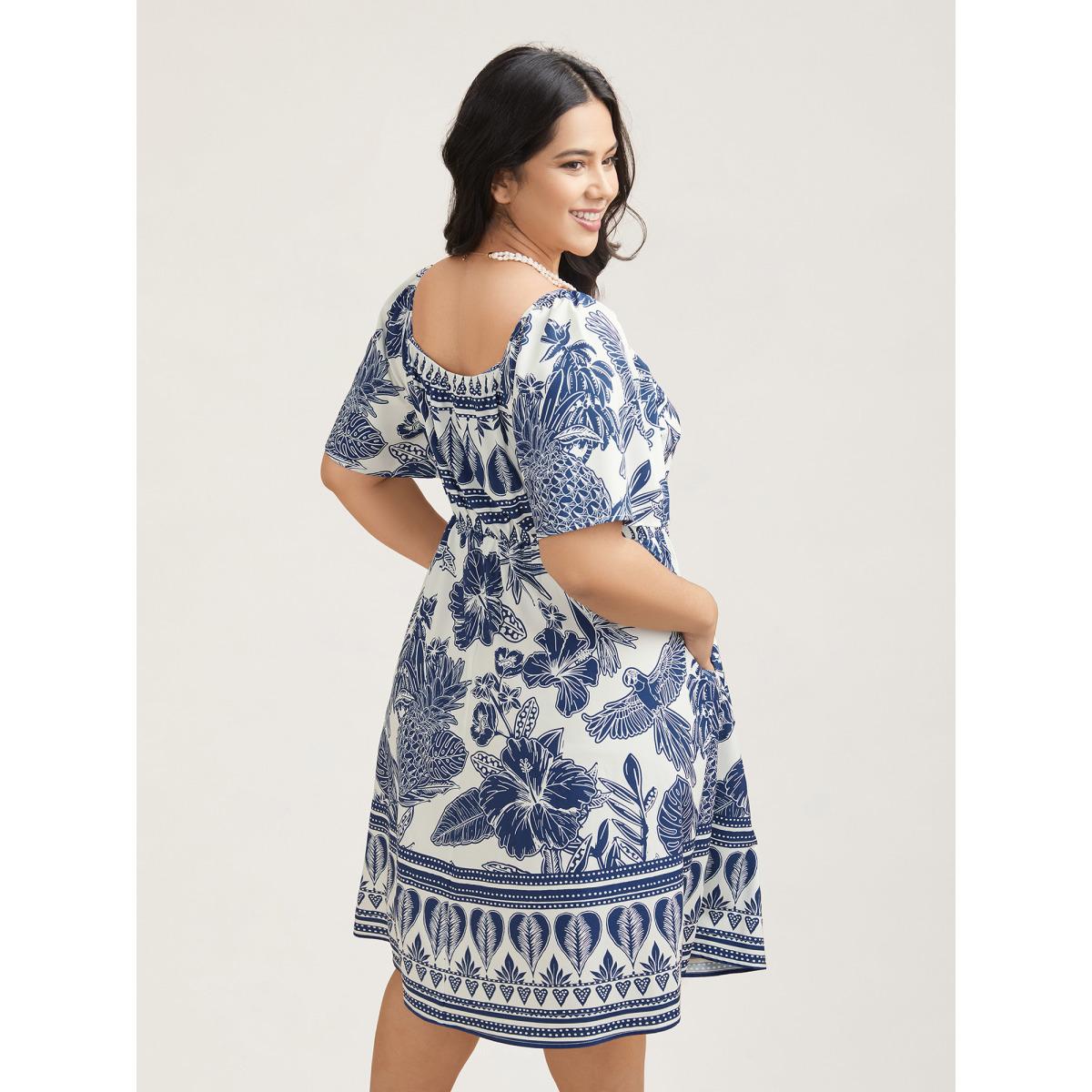 Plus Size Boho Print Fit Flare Pockets Midi Dress DarkBlue Women Resort Non Heart neckline Short sleeve Curvy BloomChic 26/4X Product Image