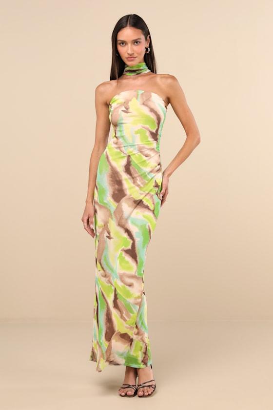 Adria Green Multi Abstract Print Mesh Maxi Dress Product Image