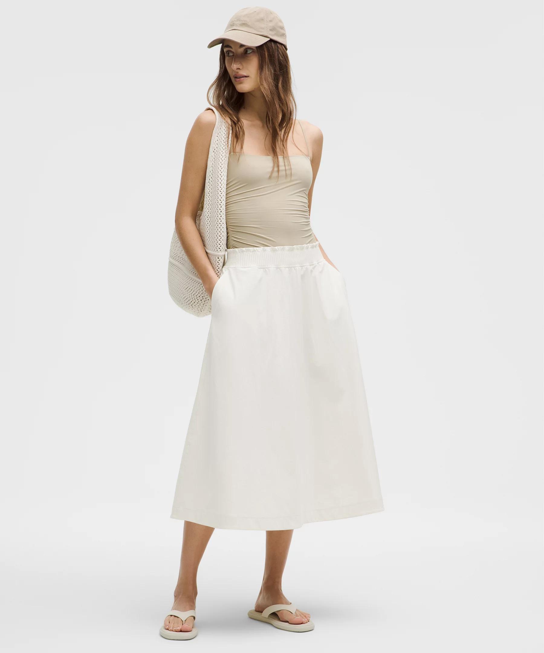 Stretch Woven Ruffle-Waist Midi Skirt Product Image
