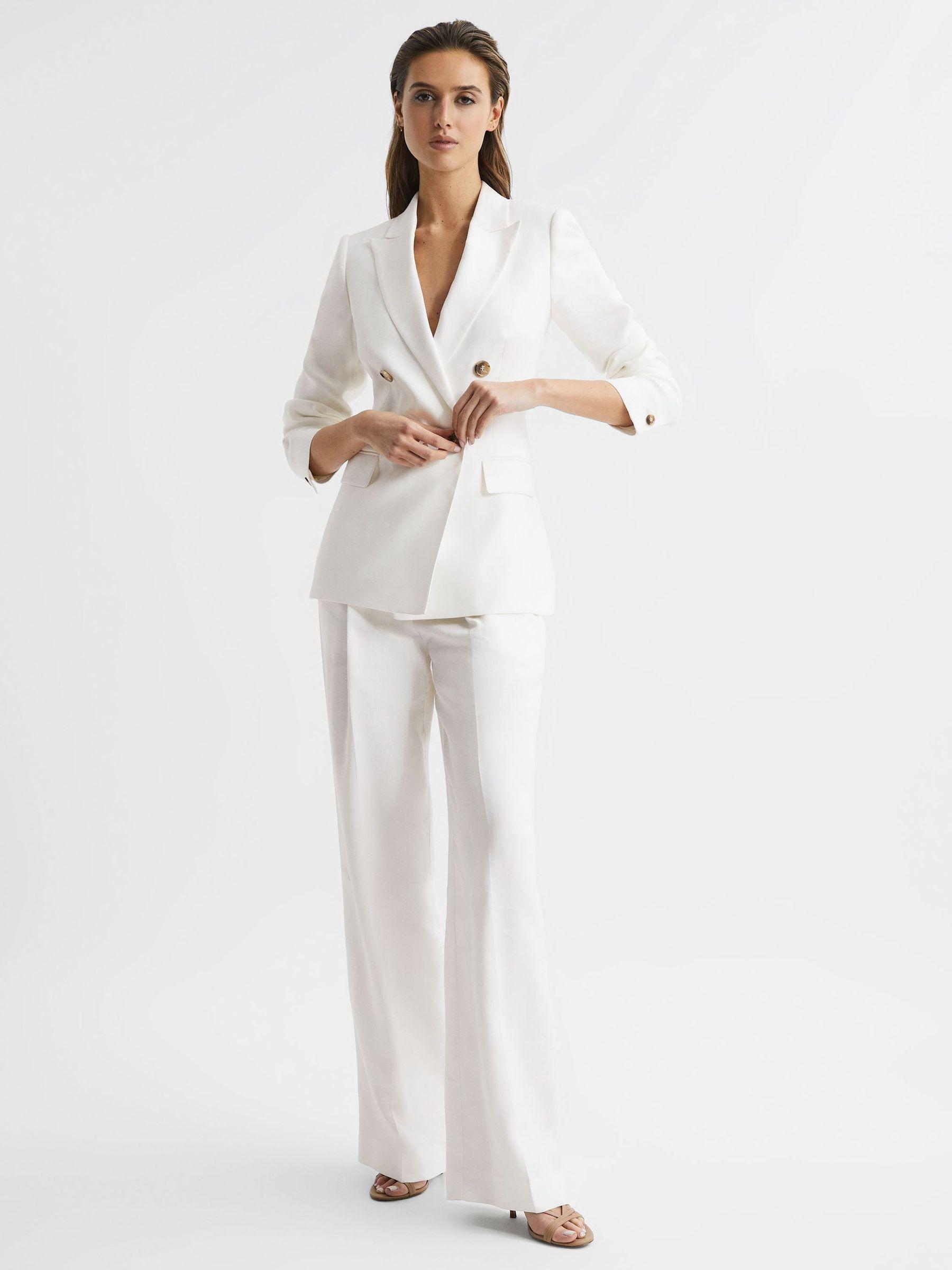 Double Breasted Linen Blazer in White Product Image