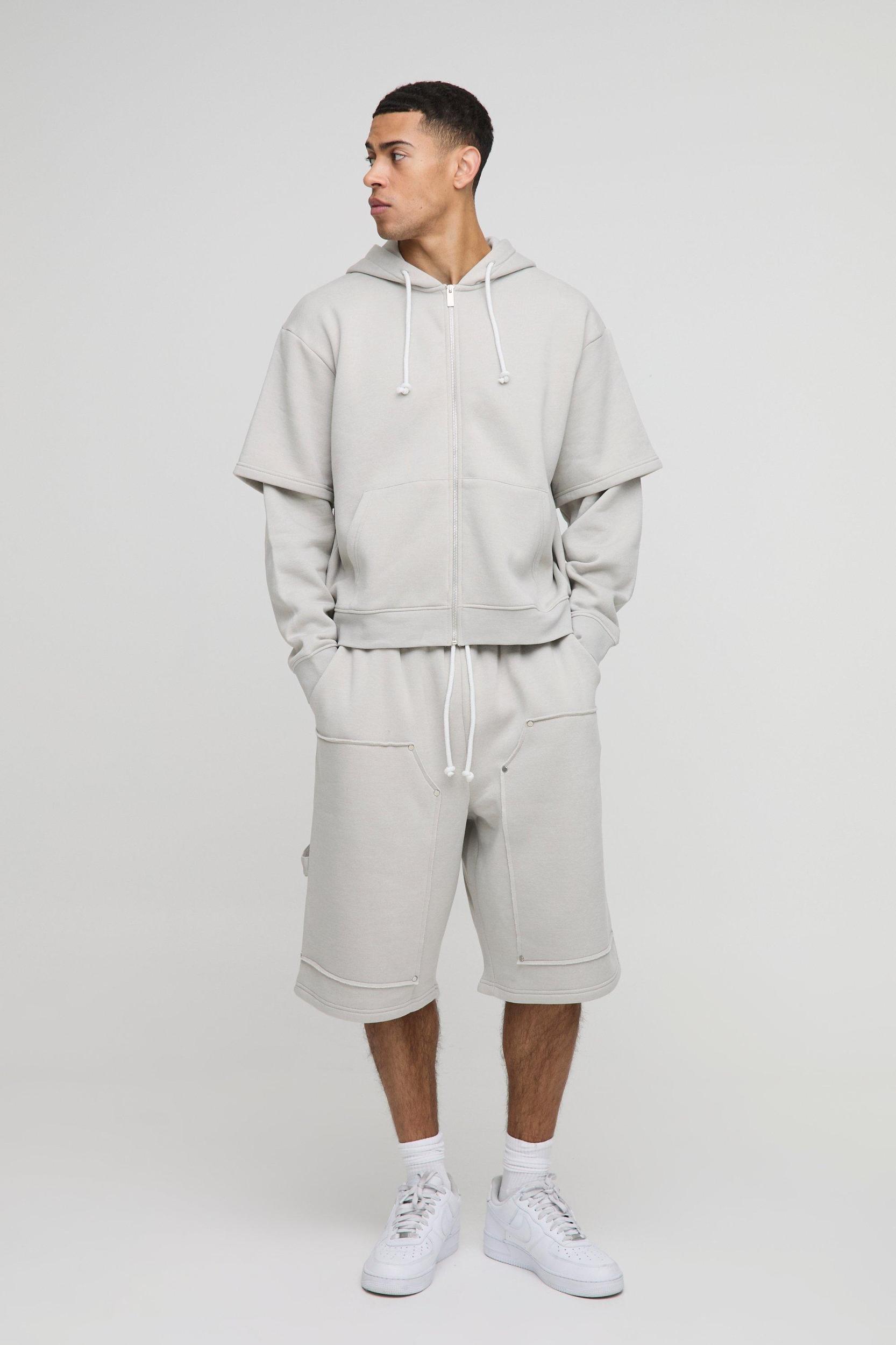 Oversized Boxy Zip Through Carpenter Jort Tracksuit | boohooMAN USA Product Image