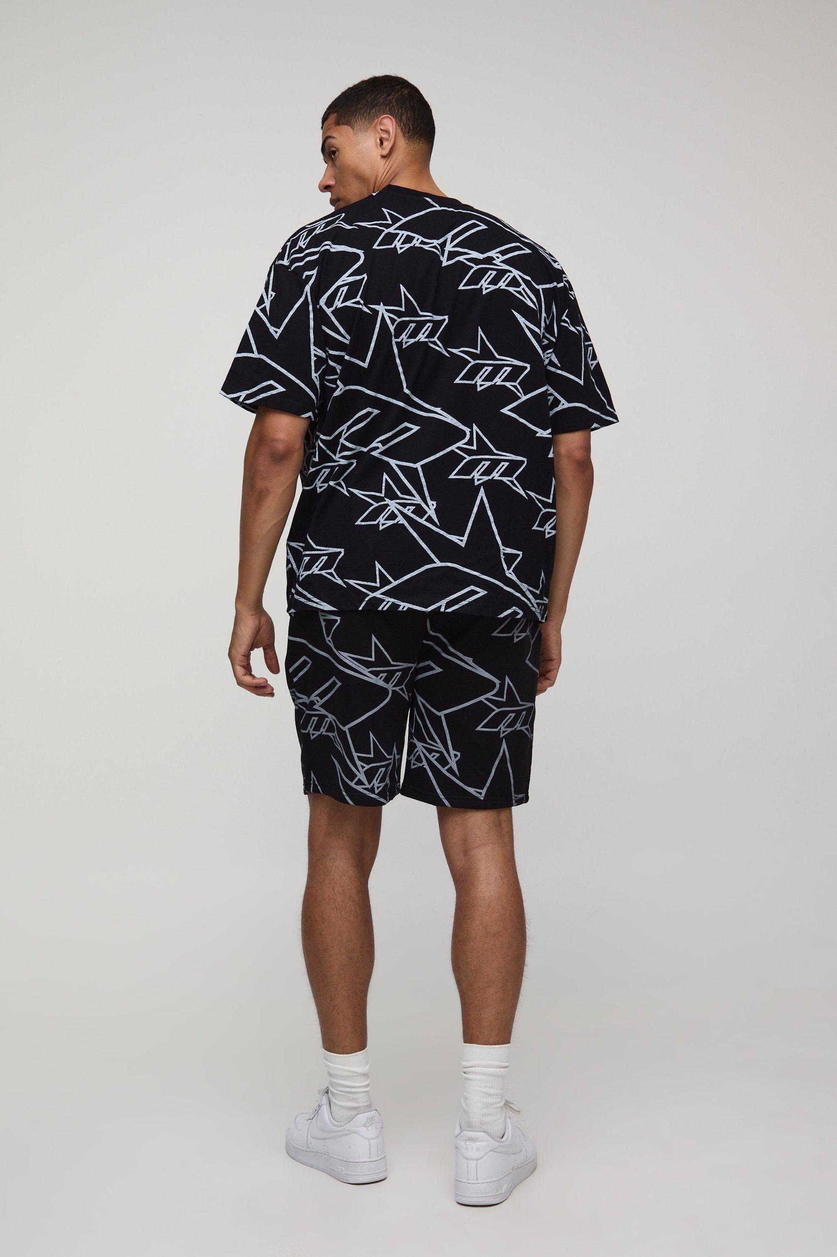 Oversized All Over Print M Star T-Shirt & Short Set | boohooMAN USA Product Image