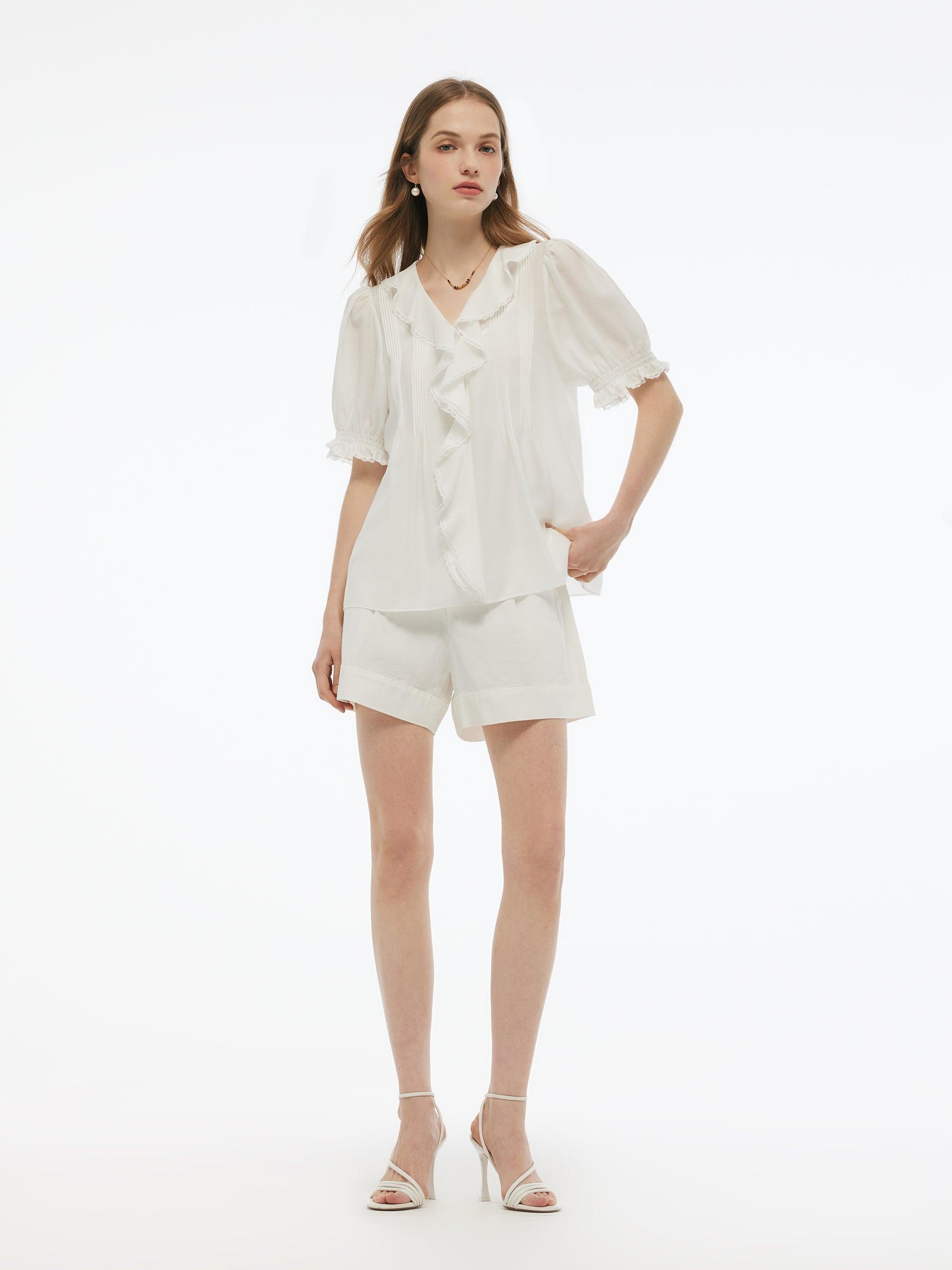 Acetate Blend Ruffle V-Neck Women Blouse Product Image