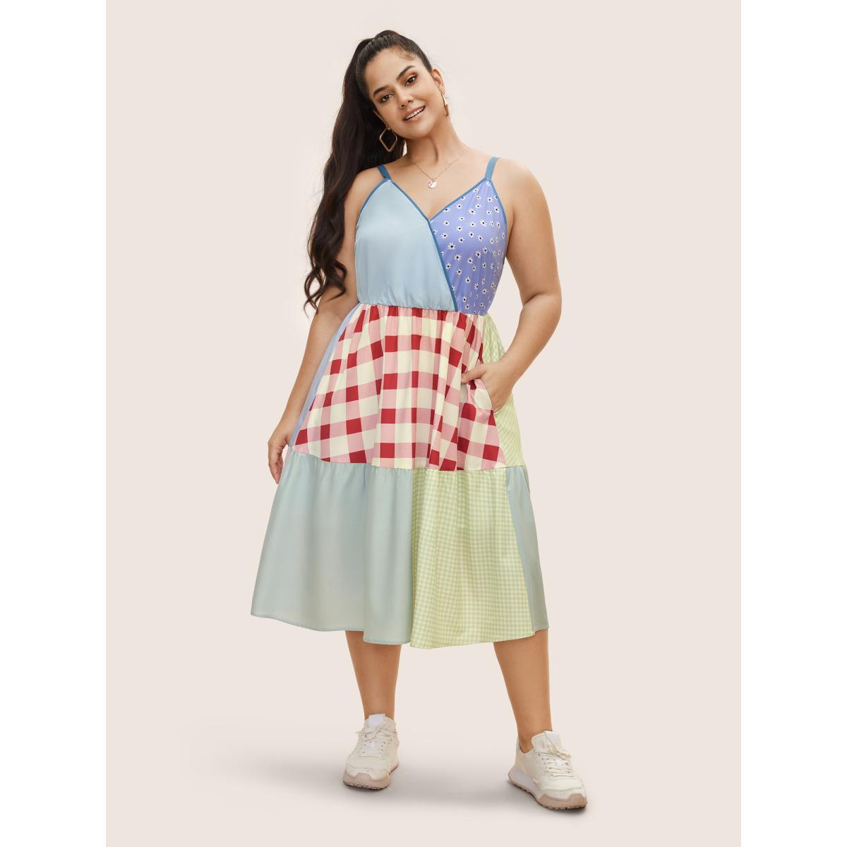 Plus Size Overlap Collar Plaid Patchwork Midi Dress Multicolor Women Casual Overlap Collar Sleeveless Curvy BloomChic 26/4X Product Image