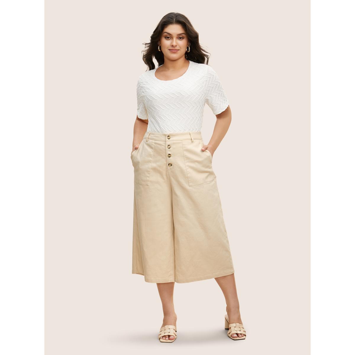 Plus Size Mid Rise Button Up Elastic Waist Loose Pants Women Beige Elegant Loose Mid Rise Everyday Pants BloomChic 14-16/1X Product Image