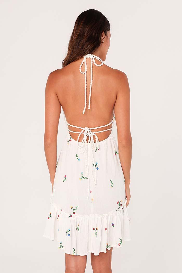 Floral Embroidered Gauze Halter Neck Mini Dress Product Image