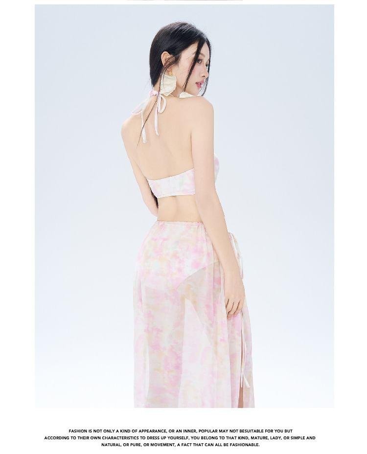 Set: Halter Neck Bikini Top + Bottom + Cover-Up Skirt Product Image