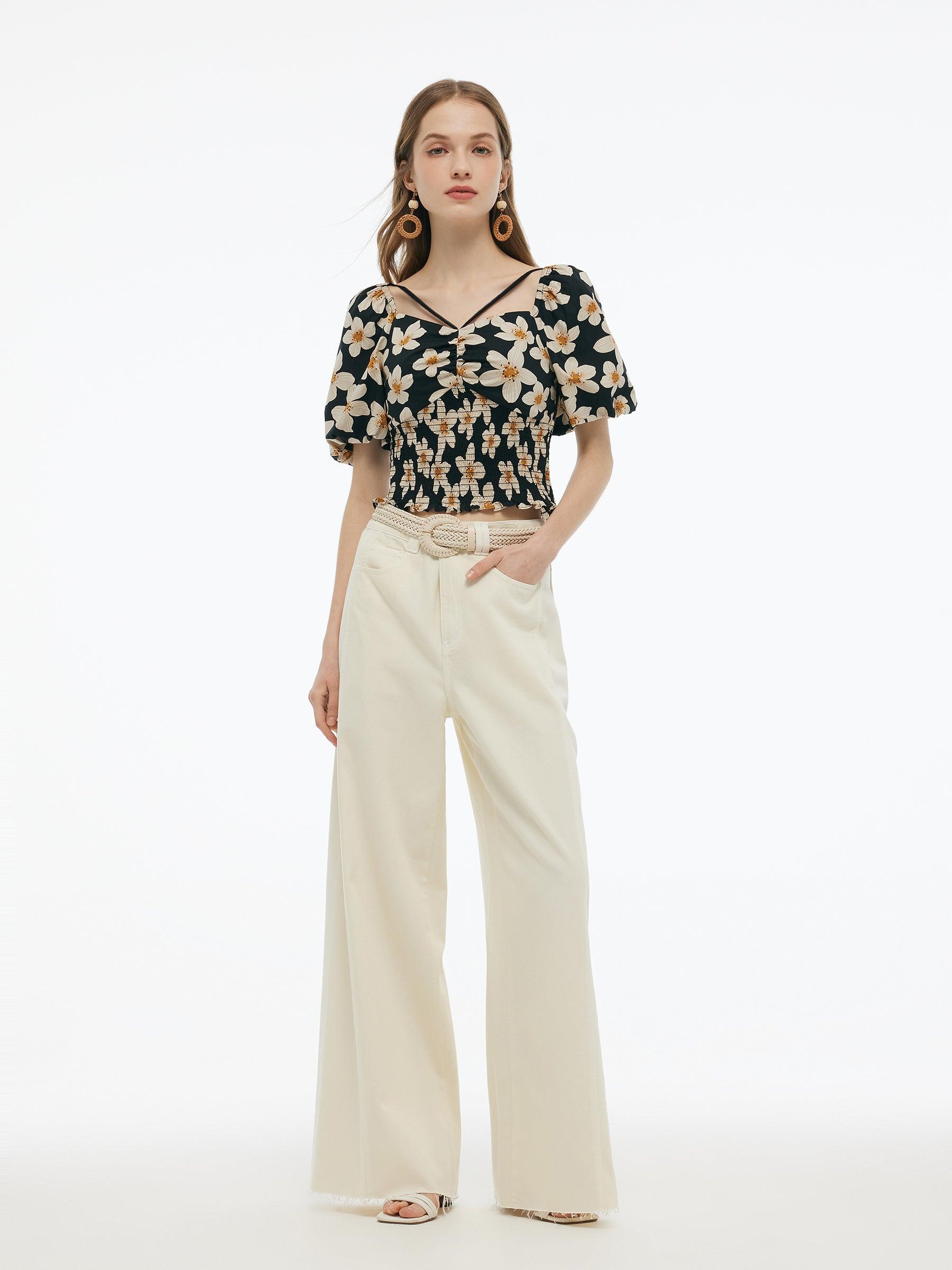 Cotton Stretch Floral Print Women Smocked Top Product Image