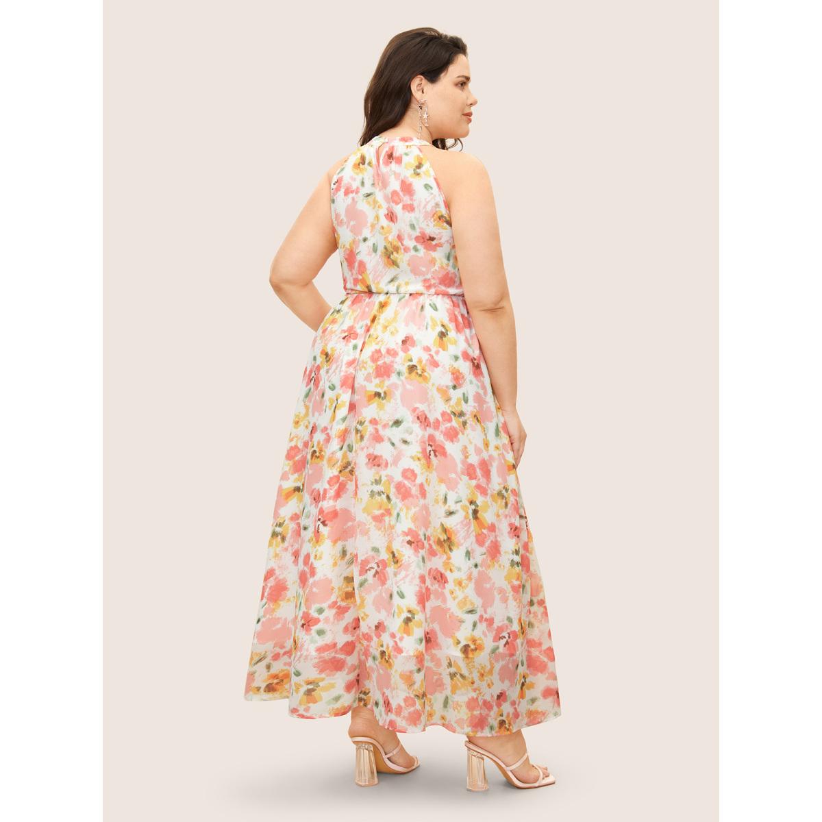 Plus Size Halter Neck Floral Pleated Pocket Dress White Women Formal Shirt collar Sleeveless Curvy BloomChic 22-24/3X Product Image