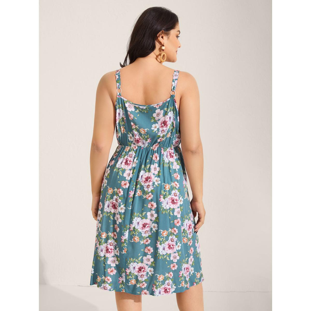 Plus Size Large Floral Print Cinched-Waist Midi Dress Stone Women Square Neck Sleeveless Curvy BloomChic 30/6X Product Image