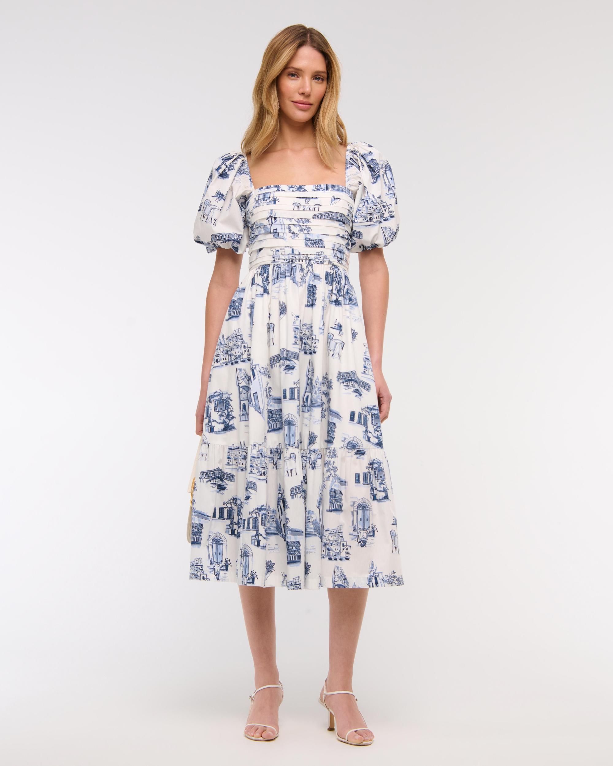 The A&F Emerson Poplin Puff Sleeve Midi Dress Product Image