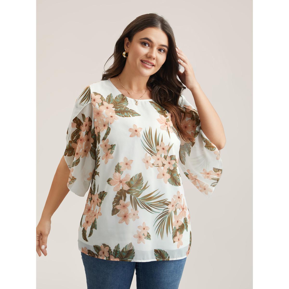 Plus Size WhiteSmoke Petal Sleeve Floral Round Neck Shirt Women Resort Elbow-length sleeve Round Neck Vacation Blouses BloomChic 26/4X Product Image