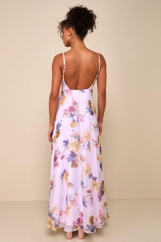 Dreamy Destiny Lavender Floral Pleated Backless Maxi Dress Product Image