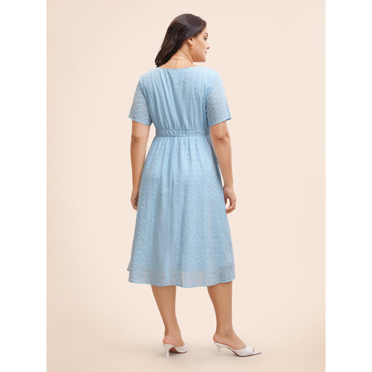 Plus Size Square Neck Broderie Anglaise Frill Trim Dress Skyblue Women Elegant Texture Square Neck Short sleeve Curvy BloomChic 10/M Product Image