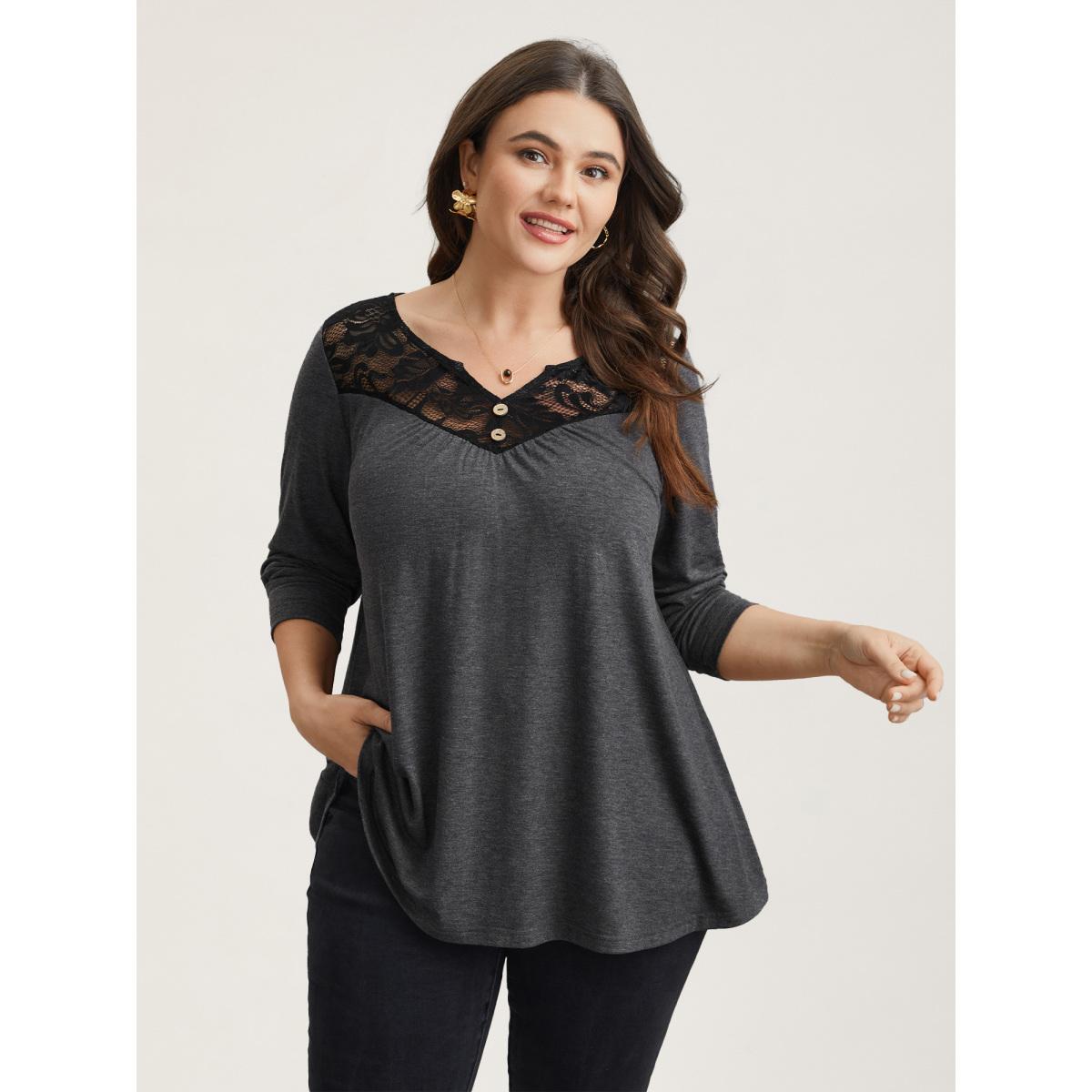 Plus Size Lace Neck Buttons Pleated T-Shirt DimGray Women Elegant Gathered Notched collar Everyday T-shirts BloomChic 18-20/2X Product Image